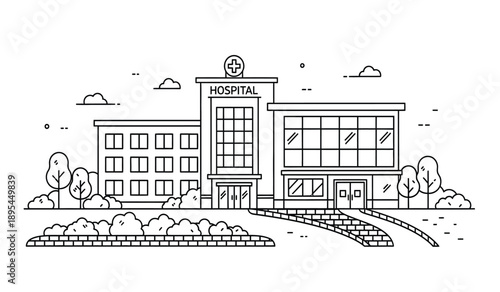 A line drawing of a hospital building with a clock tower and a bridge in front of it