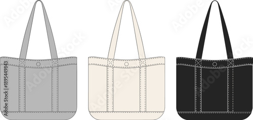 Reusable tote bag vector set in neutral colors with front view details, minimalist shopping handbag flat illustration isolated on white background