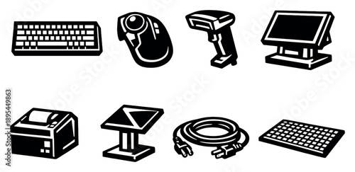 High-contrast input devices in bold style: mechanical keyboard, trackball mouse, barcode scanner, touchscreen terminal, receipt printer, metal stand, power. Vector icons