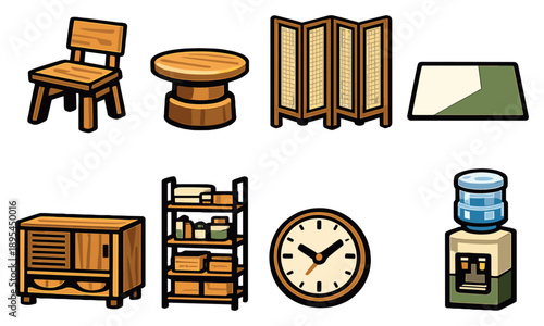 Natural wellness clinic furniture in bold style: wooden chair, side table, privacy screen, floor mat, storage cabinet, metal shelf, desk clock, water dispenser. Vector icons