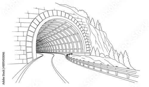 A black and white illustration of a train tunnel with tracks leading into the distance