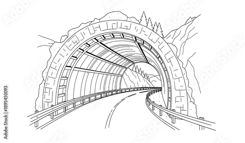 A black and white illustration of a train tunnel with a curved track and a bridge on the left side