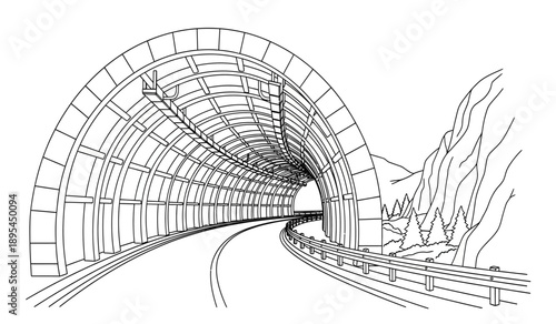 A black and white illustration of a train tunnel with tracks and a curved roof leading into the distance with trees on the right side