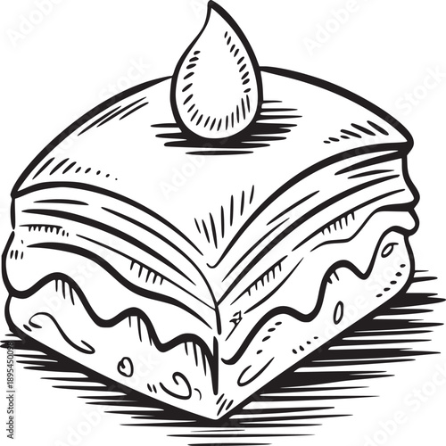 Hand drawn illustration of a layered pastry dessert with a topping on a white background art