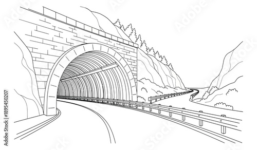 A black and white illustration of a train tunnel through a mountain with tracks leading into the distance