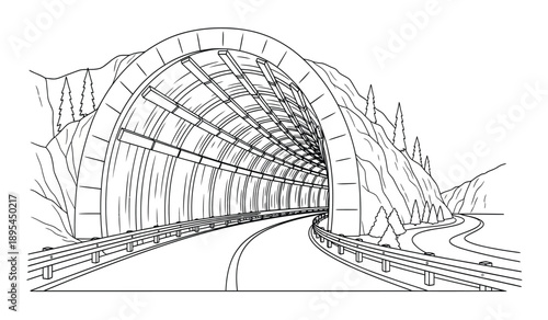 A black and white line drawing of a tunnel with a curved roof and a road leading through it