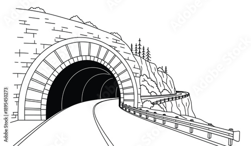 A black and white illustration of a tunnel entrance with a road and guardrail leading to a dark passageway through a mountain