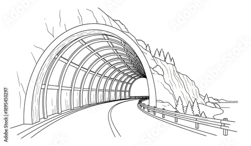 A black and white illustration of a train tunnel with a curved roof and tracks leading into the distance