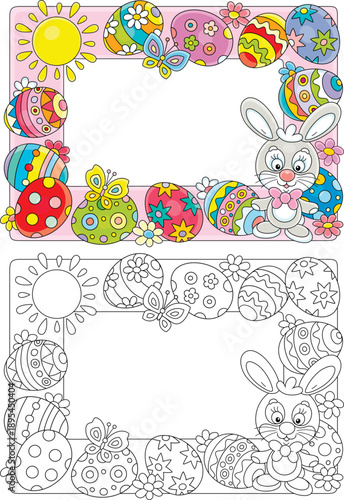 Greeting card and holiday frame border with a happy Easter bunny and colorfully painted gift eggs with spring flowers and merry butterflies fluttering around under a shining Sun