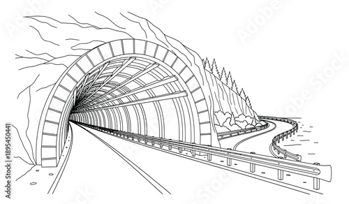 A black and white illustration of a train tunnel with tracks and arched brickwork