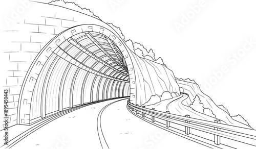 A black and white illustration of a tunnel with a road and fence on the right side, leading to a distant exit