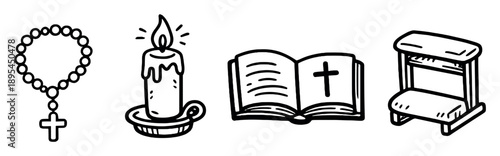 Easter prayer devotion in doodle style: rosary, candle, prayer book, kneeler. Vector icons