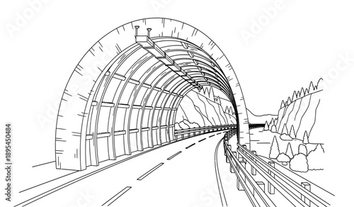 A black and white illustration of a tunnel with a curved roof and tracks leading into the distance