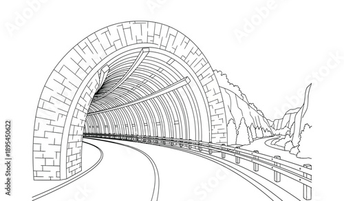 A black and white illustration of a train tunnel with a train track and a bridge on the right side