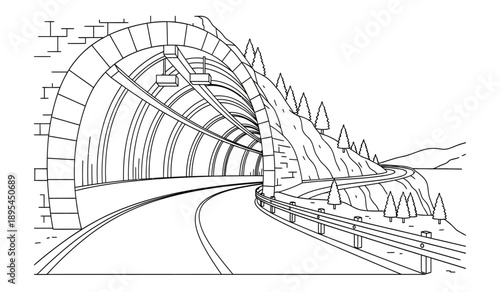 A black and white line drawing of a train tunnel with tracks and a brick archway