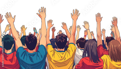 A vibrant illustration of a crowd of people with their hands raised in unison, showcasing unity and solidarity.