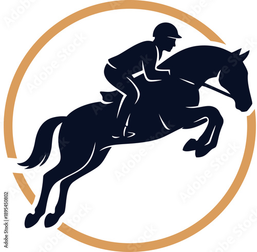 illustration of a person riding a jumping horse in blue
