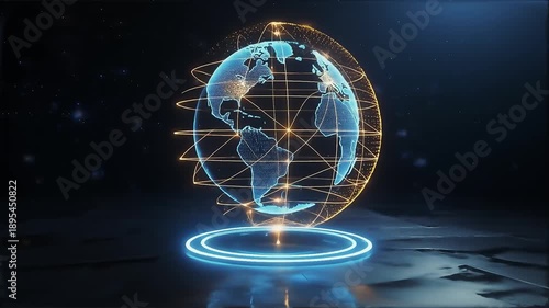 Futuristic digital globe hologram rotating connection lines