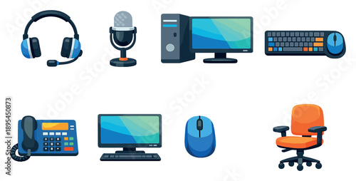 Customer support call center equipment in flat style: headset, microphone, desktop computer, monitor screen, keyboard, mouse, desk phone. Vector icons