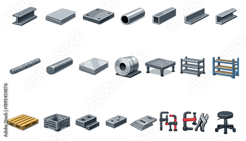 Welder metal fabrication materials in isometric flat style: steel beam, metal sheet, steel plate, metal pipe, square tube, angle iron, rebar rod, metal bar. Vector icons