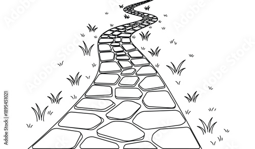 A black and white illustration of a winding stone pathway through grassy areas