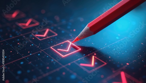 Red pencil marks item on digital checklist. Neon squares with check marks glow on dark grid background. Task completion progress tracking success.