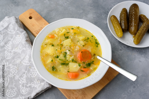 Cucumber soup - traditional Polish soup with pickled cucumbers