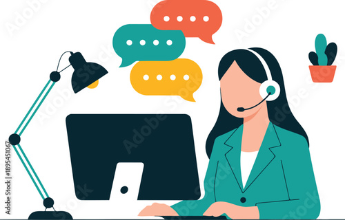 Customer Support Operator Flat Vector Illustration  Headset and Computer Interaction