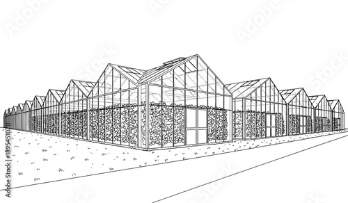 A detailed architectural sketch of a long building with multiple gable roofs and a brick facade
