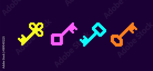 Pixel art door lock keys icons colorful silhouette in 8-bit style retro video game asset (part 3). Password login security key icons - editable vector pixel graphics 