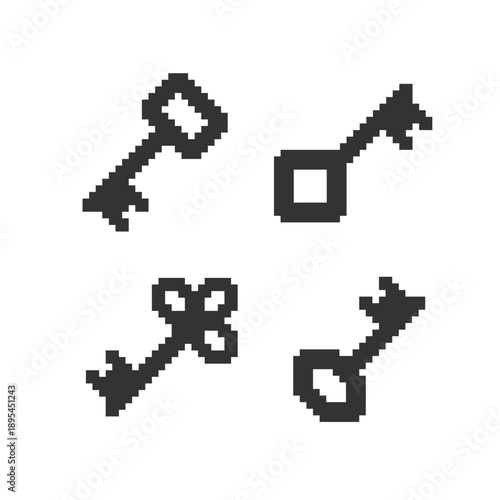 Door lock keys icons and signs black silhouette in 8-bit Pixel Art  style retro video game style - simple pixel graphics 