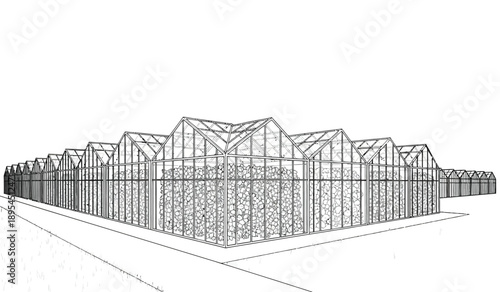A large greenhouse complex with multiple sections and a detailed framework