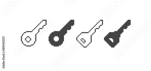 Pixel art door key icons in black and white simple flat style.  Password login security key icons 8-bit vector silhouette. Lock key pixel retro game asset