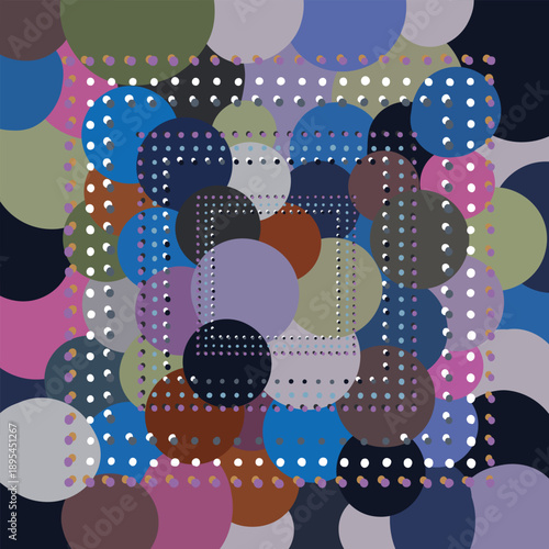 Silk scarf printed pattern with colorful circle shapes and dots with beige background geometric abstract shapes. Designed for scarf, fabric, fashionable shawl and wallpaper