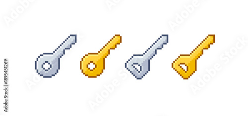 Pixel art door key icons simple flat style.  Silver, iron, bronze, golden keys icons in 8-bit retro video game asset.  Password login security key icons editable vector