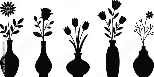 Set of five black flower vase silhouettes with varied floral arrangements for botanical design, home decor, nature art, or floral icons