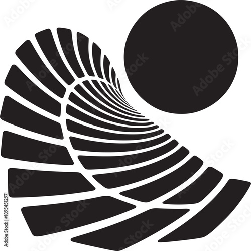 A black and white abstract depiction of a curved structure with a solid black circle element nearby