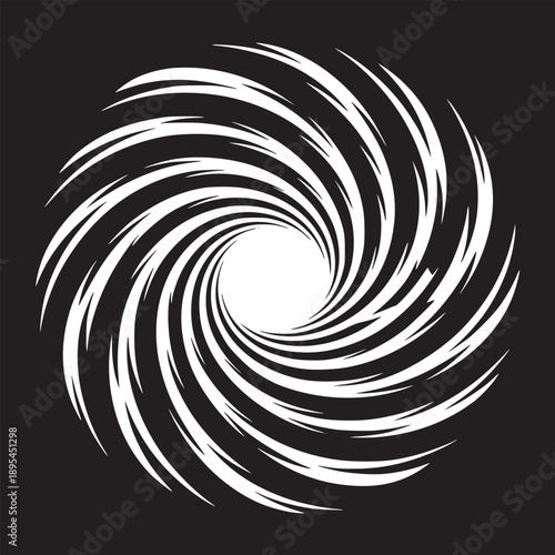 A black and white vortex pattern with swirling lines converging towards a central white circle area