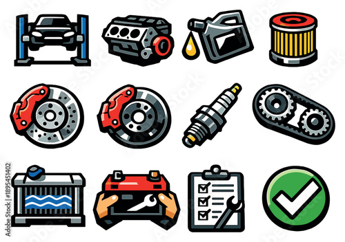 Vehicle maintenance and repair services vector icons in bold style: car lift, engine block, oil change can, oil filter, brake disc, brake caliper, spark plug. Vector icons
