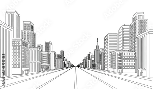 Cityscape illustration of a modern urban landscape with skyscrapers and buildings along a road
