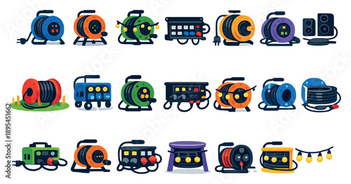 Cable Reels for Outdoor and Event Use in flat style: outdoor cable reel, event power cord, portable reel, festival extension reel, camping power supply, outdoor. Vector icons
