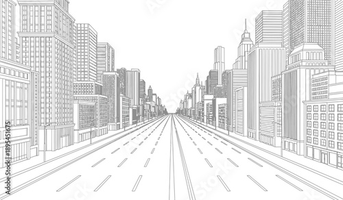 City street with tall buildings and skyscrapers on both sides