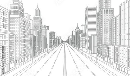 A black and white cityscape drawing of a road with tall buildings on both sides in a modern metropolis