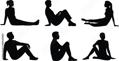 Set of Six Seated Human Silhouettes in Relaxed Poses for Body Language, Ergonomics, Lifestyle, and Graphic Design Use
