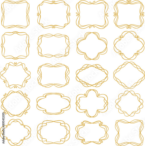 Luxurious Gold Frame Vector Set: 16 Elegant Vintage Borders with Thin Lines and Ornate Swirls for Wedding Invitations, Certificates, and Decorative Design Elements.