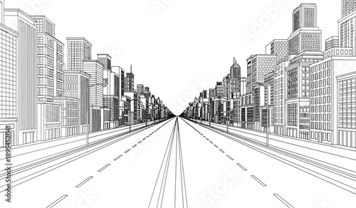 Black and white illustration of a city street with tall buildings on both sides