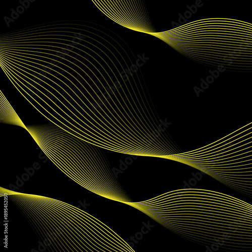 Flowing Yellow Ribbons on Black Background - Abstract Digital Art with Wavy Lines