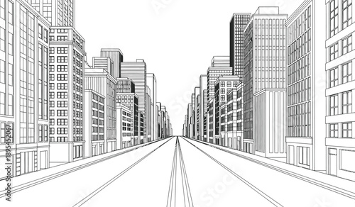 City street with tall buildings and a road