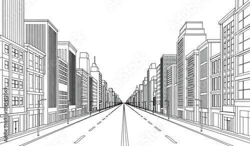 City street with tall buildings and a road in a sketchy urban landscape