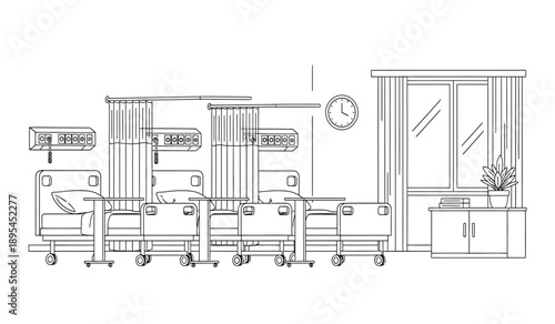 Detailed line drawing of a hospital ward interior with beds and medical equipment